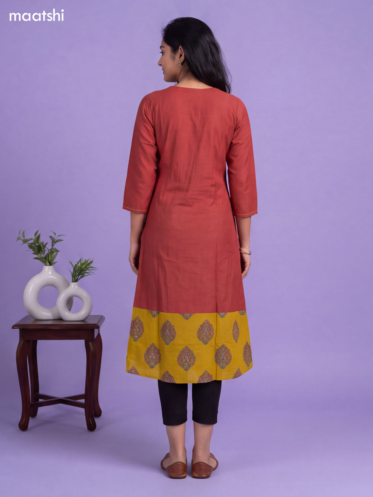 Rust Cotton Patch Work Neck Pattern Straight Kurti