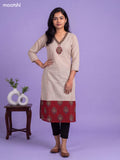 Off White Cotton Patch Work Neck Pattern Straight Kurti