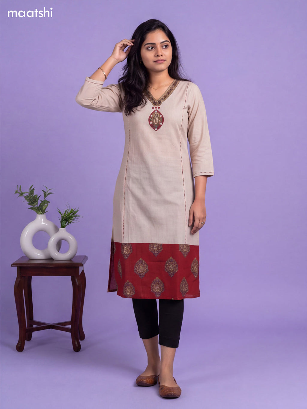 Off White Cotton Patch Work Neck Pattern Straight Kurti