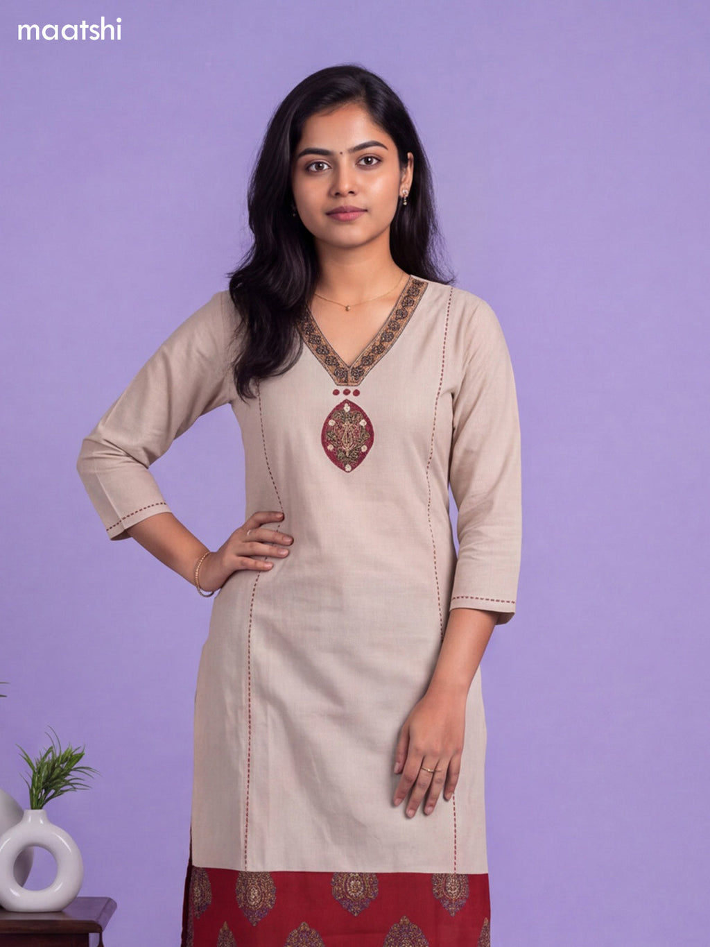 Off White Cotton Patch Work Neck Pattern Straight Kurti