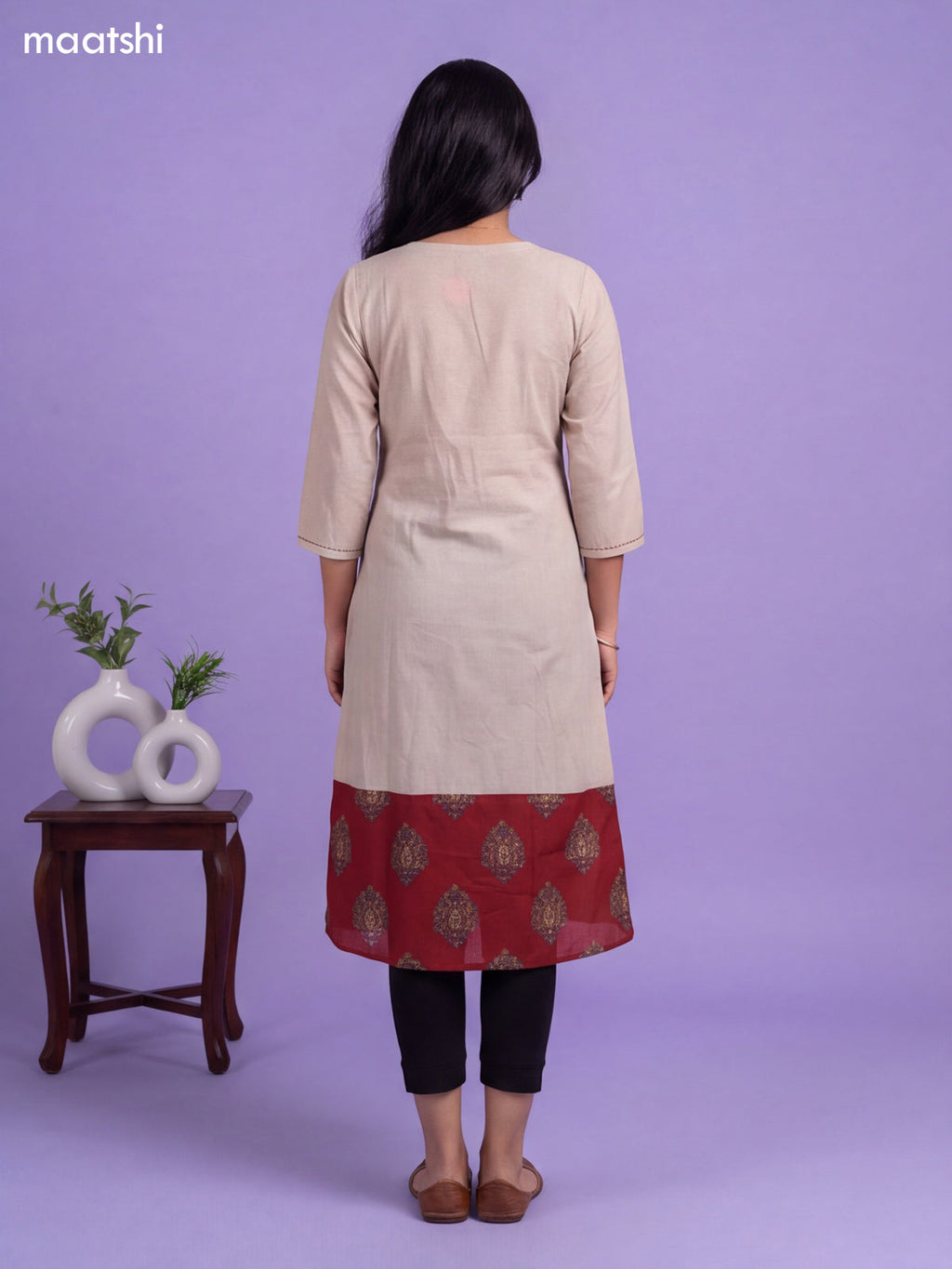 Off White Cotton Patch Work Neck Pattern Straight Kurti