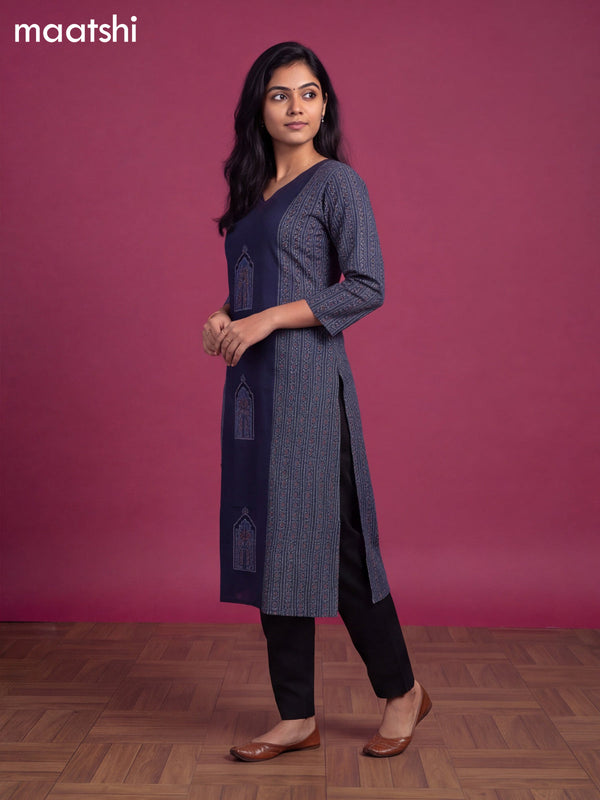 Navy Blue Cotton Printed & Simple Embroidery Work Neck Pattern Straight Kurti