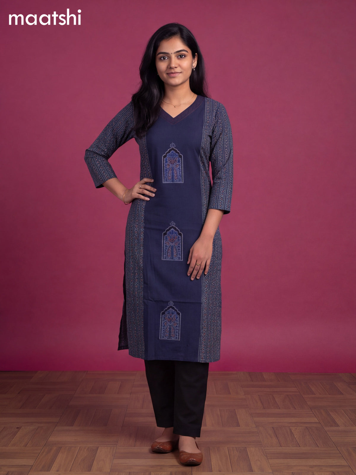 Navy Blue Cotton Printed & Simple Embroidery Work Neck Pattern Straight Kurti