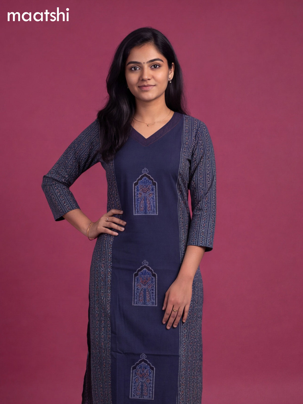 Navy Blue Cotton Printed & Simple Embroidery Work Neck Pattern Straight Kurti
