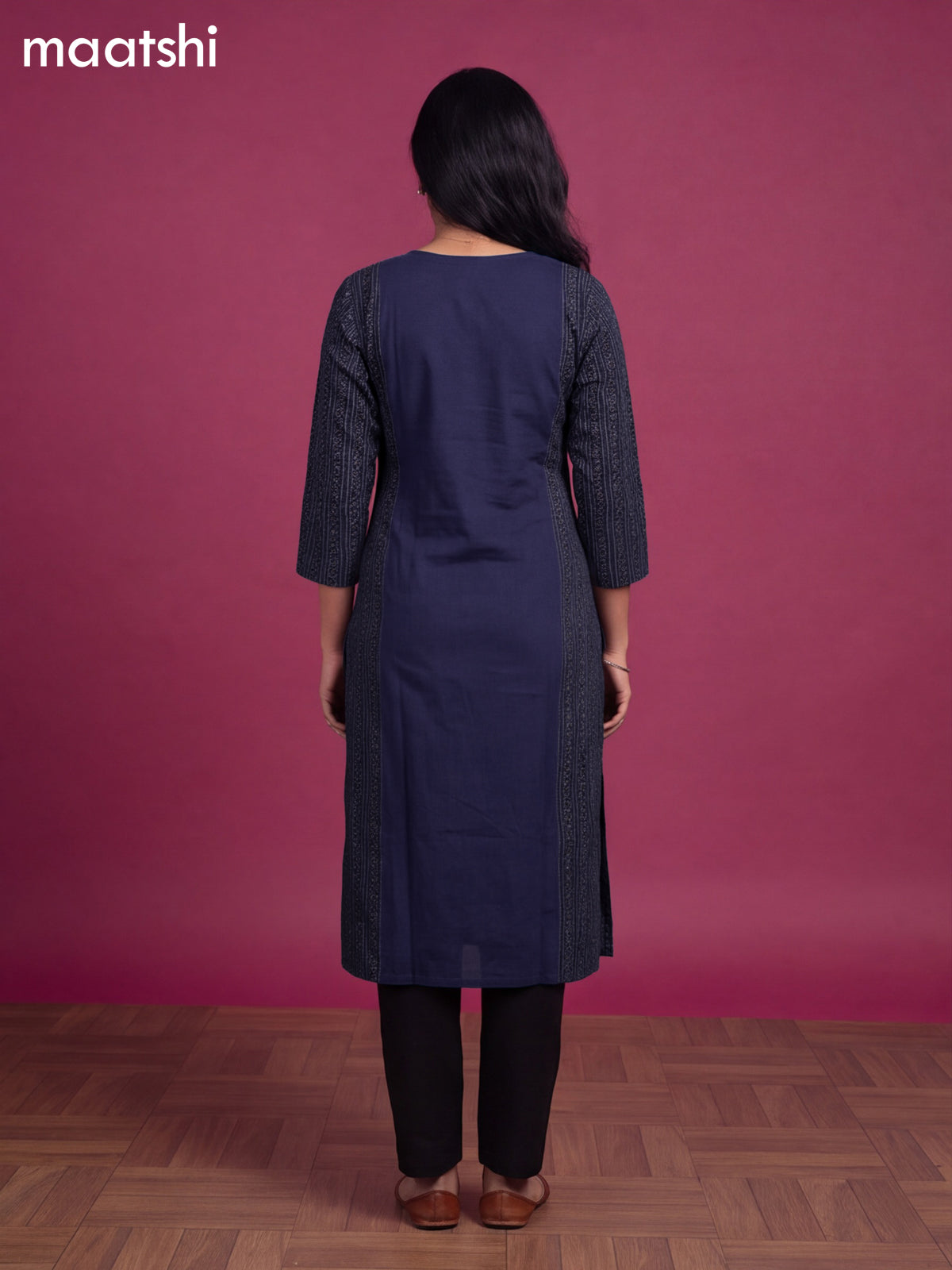 Navy Blue Cotton Printed & Simple Embroidery Work Neck Pattern Straight Kurti