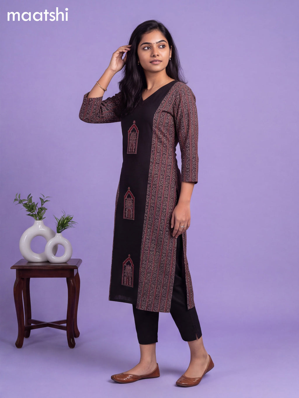 Black Cotton Printed & Simple Embroidery Work Neck Pattern Straight Kurti