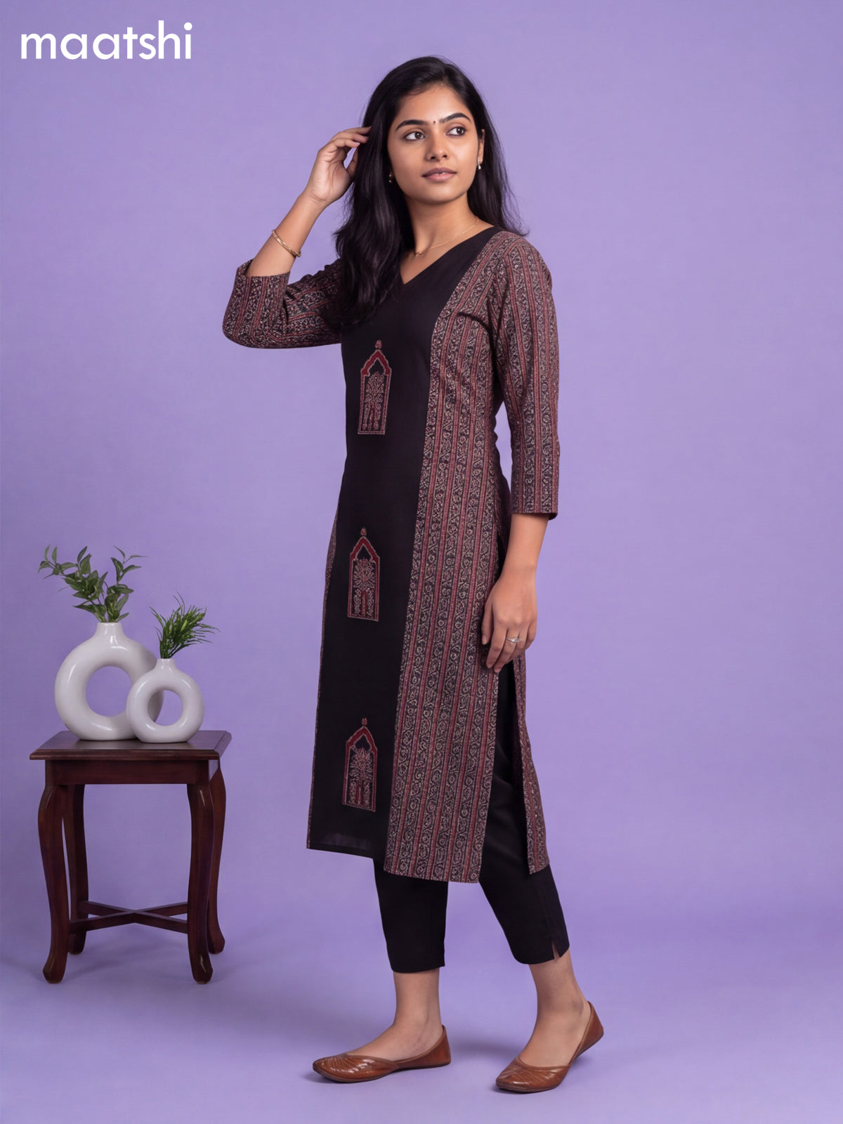 Black Cotton Printed & Simple Embroidery Work Neck Pattern Straight Kurti