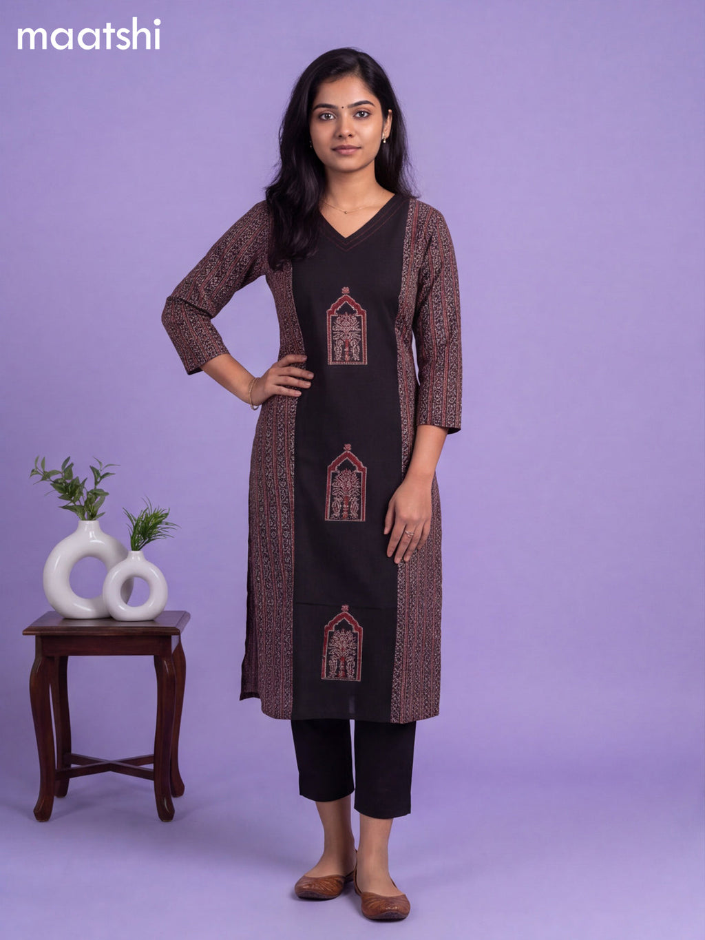 Black Cotton Printed & Simple Embroidery Work Neck Pattern Straight Kurti
