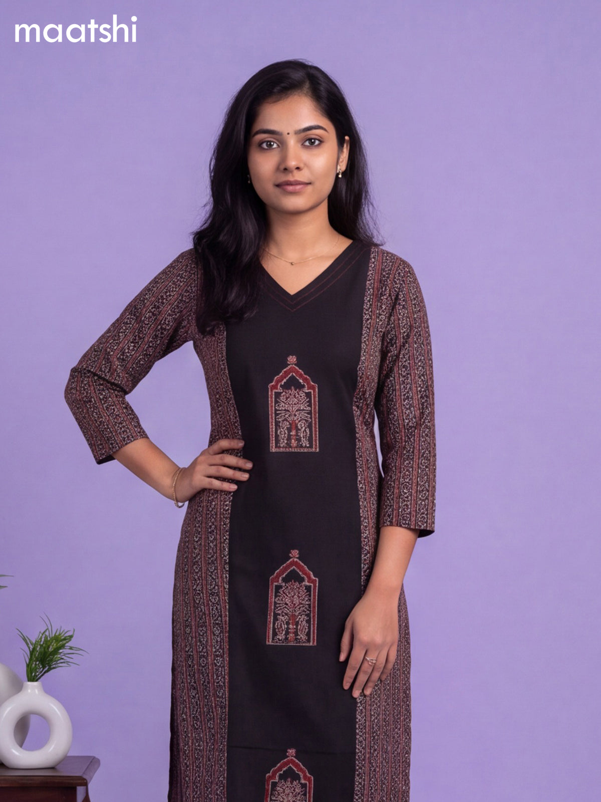 Black Cotton Printed & Simple Embroidery Work Neck Pattern Straight Kurti