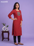 Maroon Cotton Patch Work Neck Pattern Straight Kurti