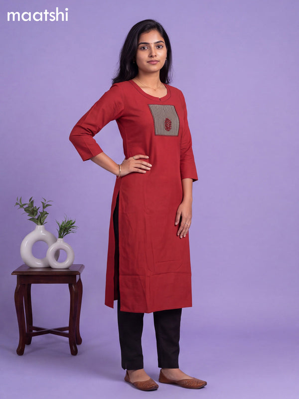Maroon Cotton Patch Work Neck Pattern Straight Kurti