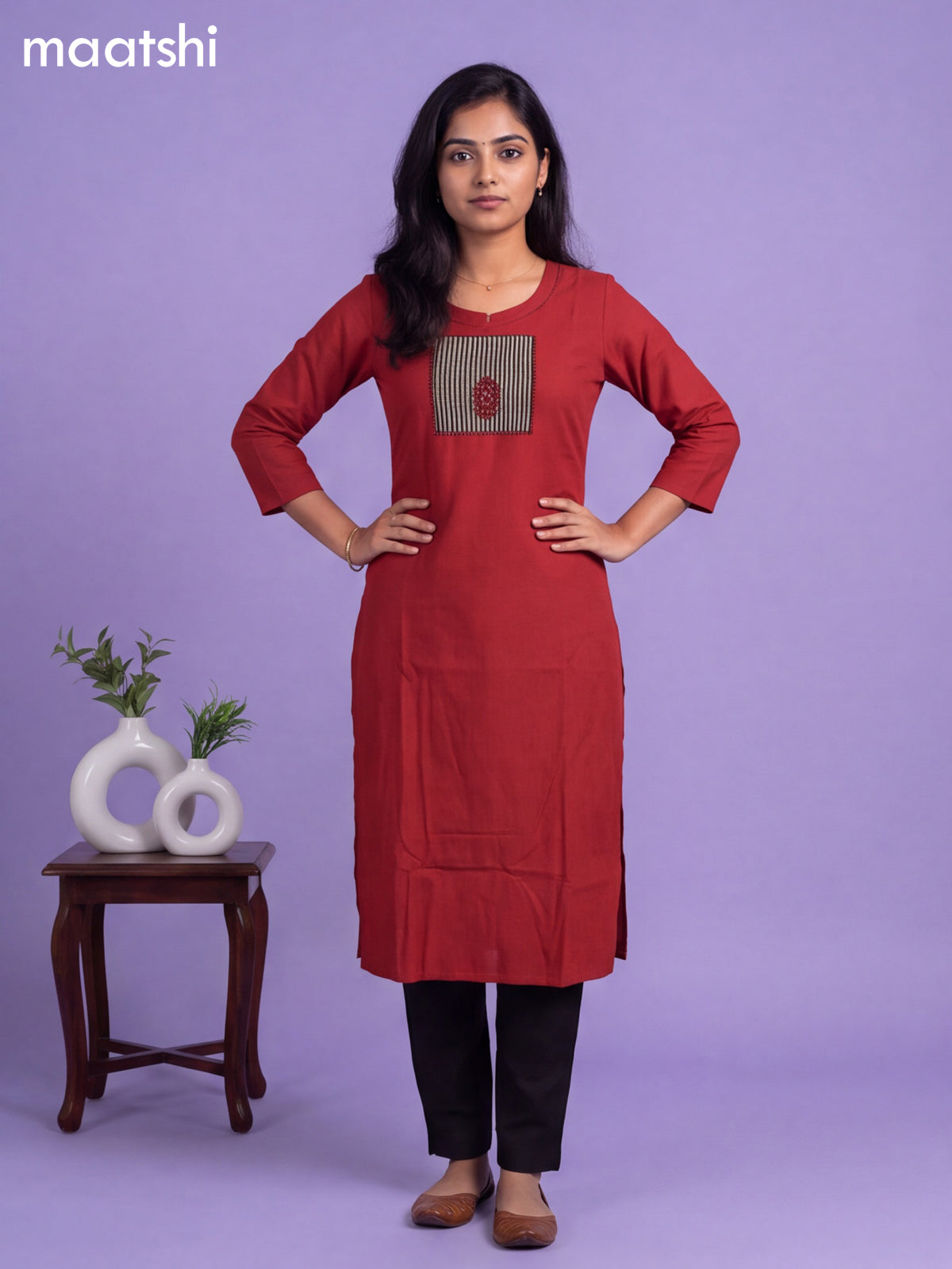 Maroon Cotton Patch Work Neck Pattern Straight Kurti