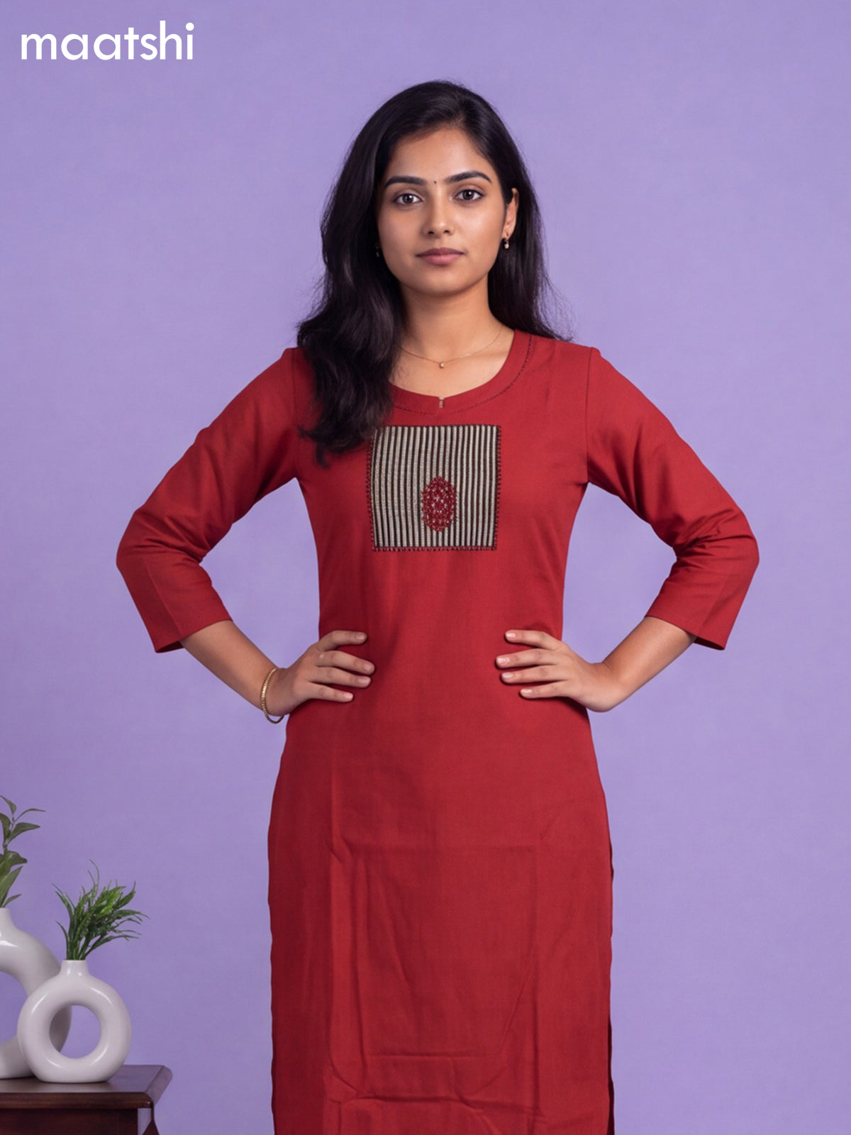Maroon Cotton Patch Work Neck Pattern Straight Kurti