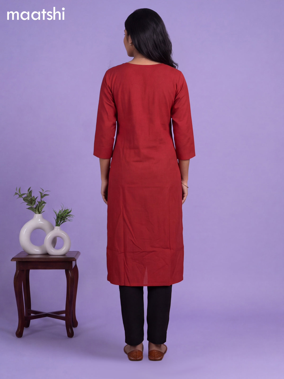 Maroon Cotton Patch Work Neck Pattern Straight Kurti