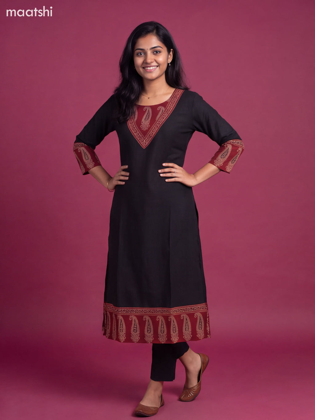 Black Art Silk Printed Straight Kurti