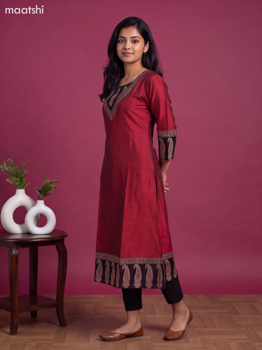 Kumkum Red Art Silk Printed Straight Kurti