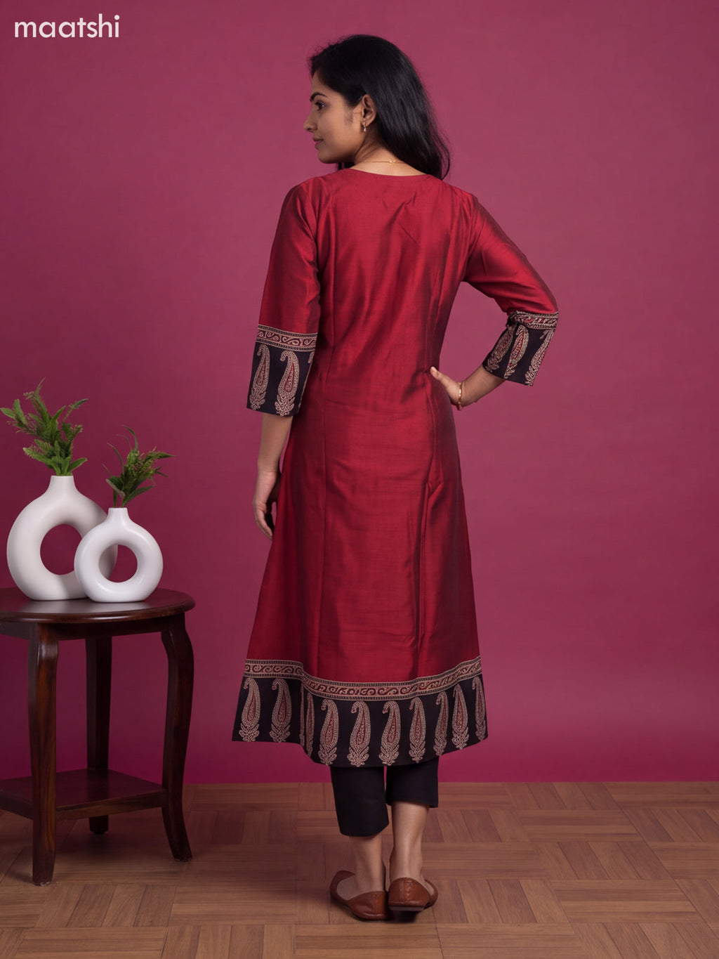 Kumkum Red Art Silk Printed Straight Kurti