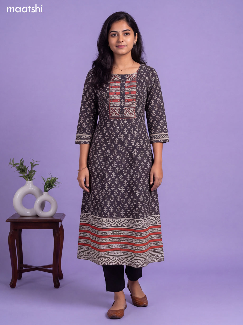 Black Cotton Printed & Simple Embroidery Work Anarkali Kurti