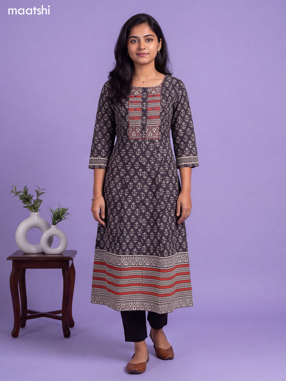Black Cotton Printed & Simple Embroidery Work Anarkali Kurti