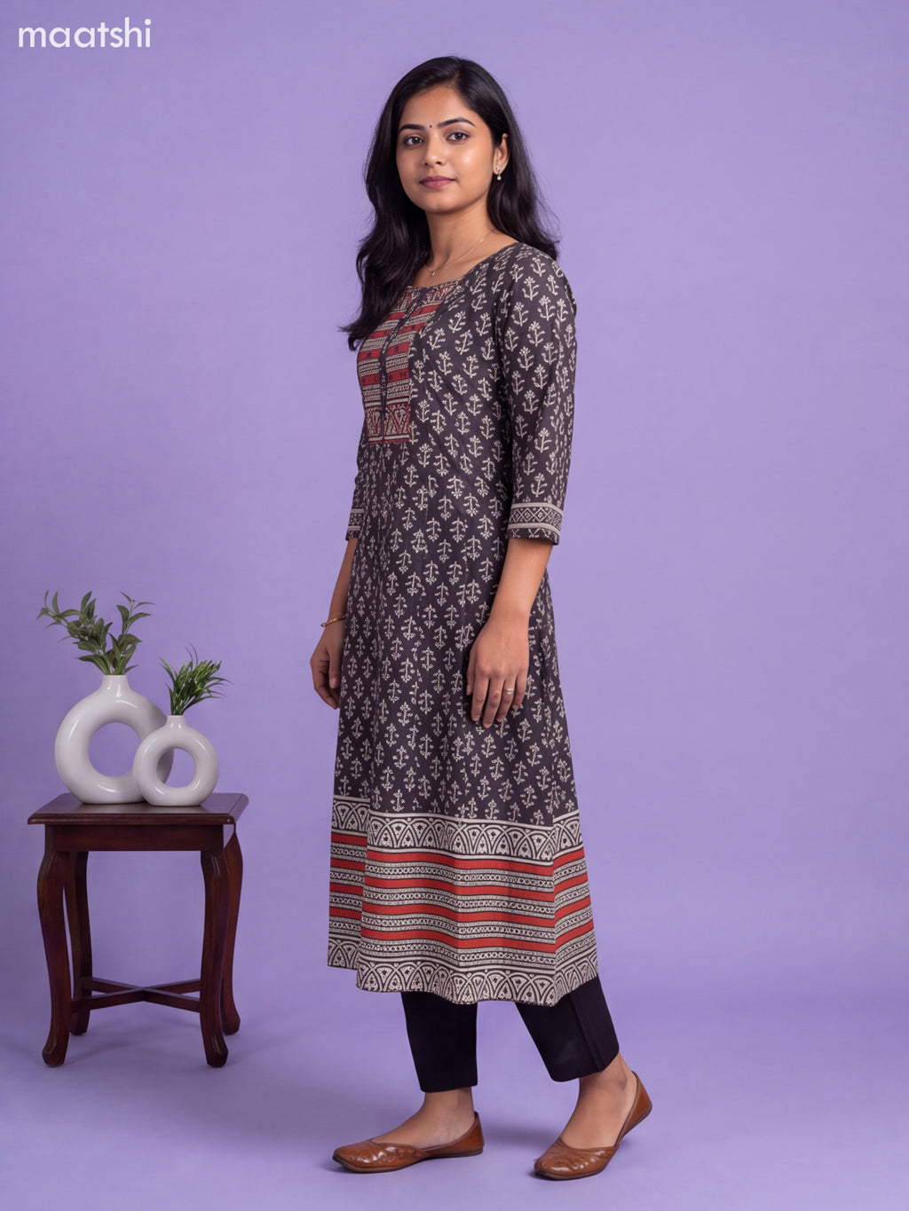 Black Cotton Printed & Simple Embroidery Work Anarkali Kurti