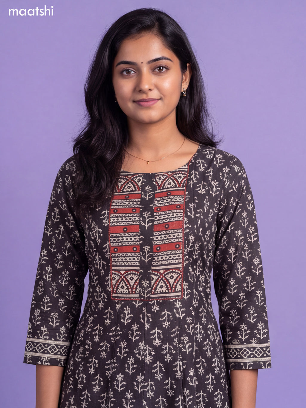 Black Cotton Printed & Simple Embroidery Work Anarkali Kurti
