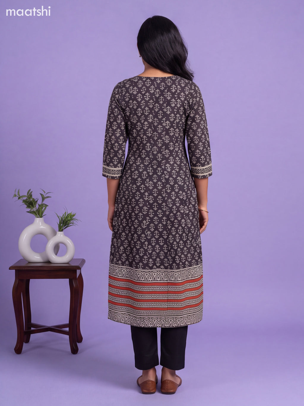 Black Cotton Printed & Simple Embroidery Work Anarkali Kurti