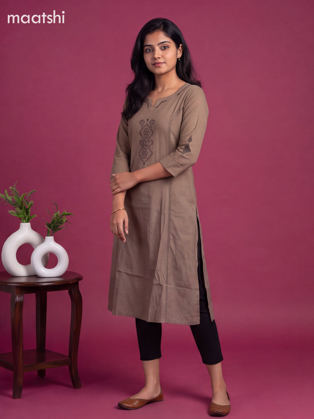 Grey Shade Cotton Embroidery Work With Printed Straight Kurti