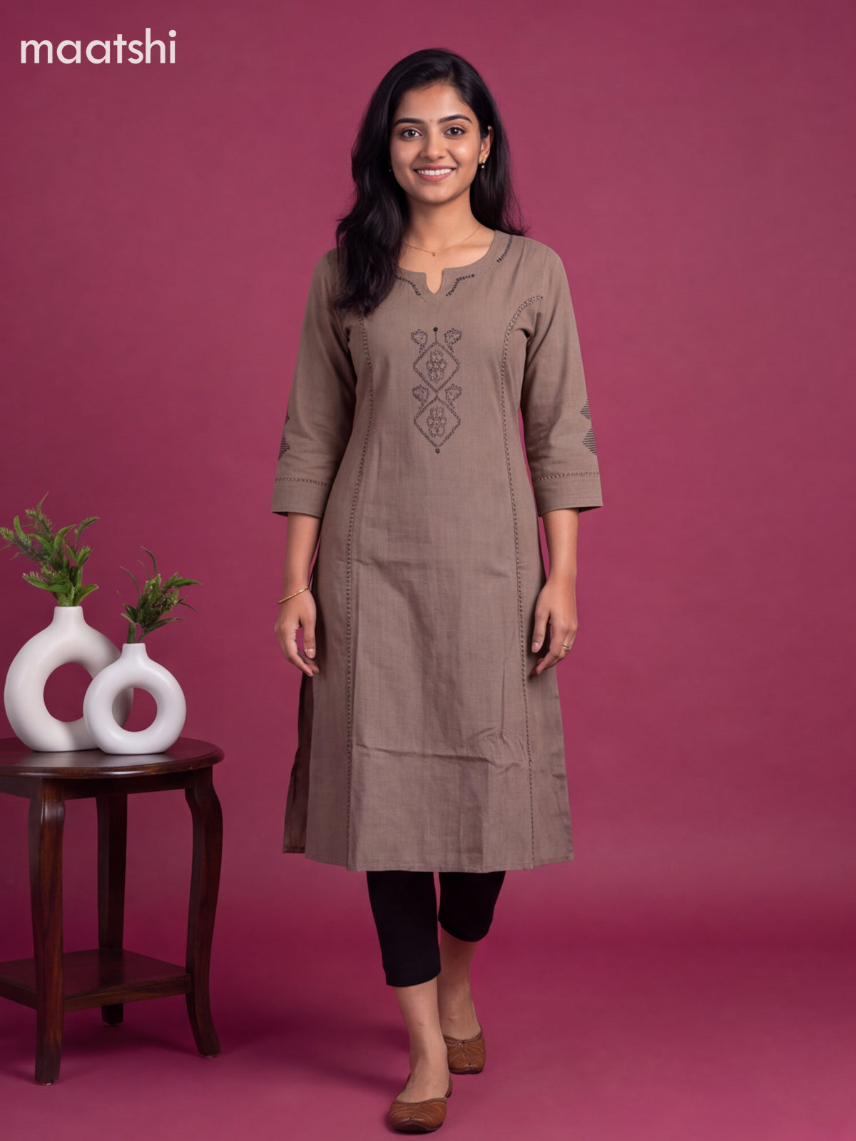 Grey Shade Cotton Embroidery Work With Printed Straight Kurti