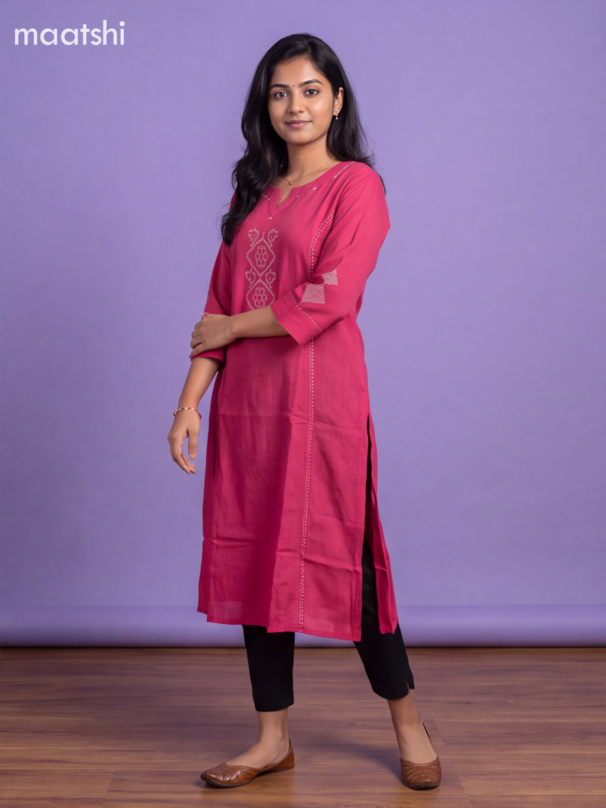 Dark Pink Cotton Embroidery Work With Printed Straight Kurti