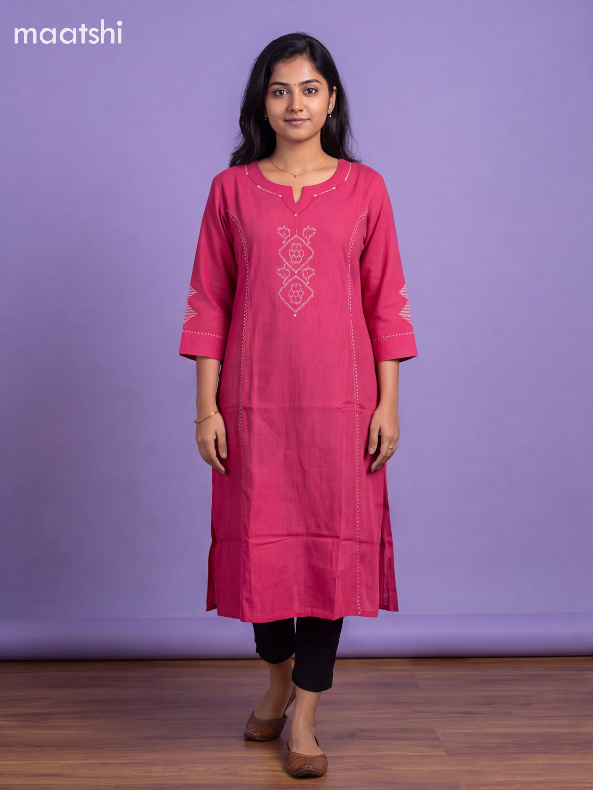 Dark Pink Cotton Embroidery Work With Printed Straight Kurti