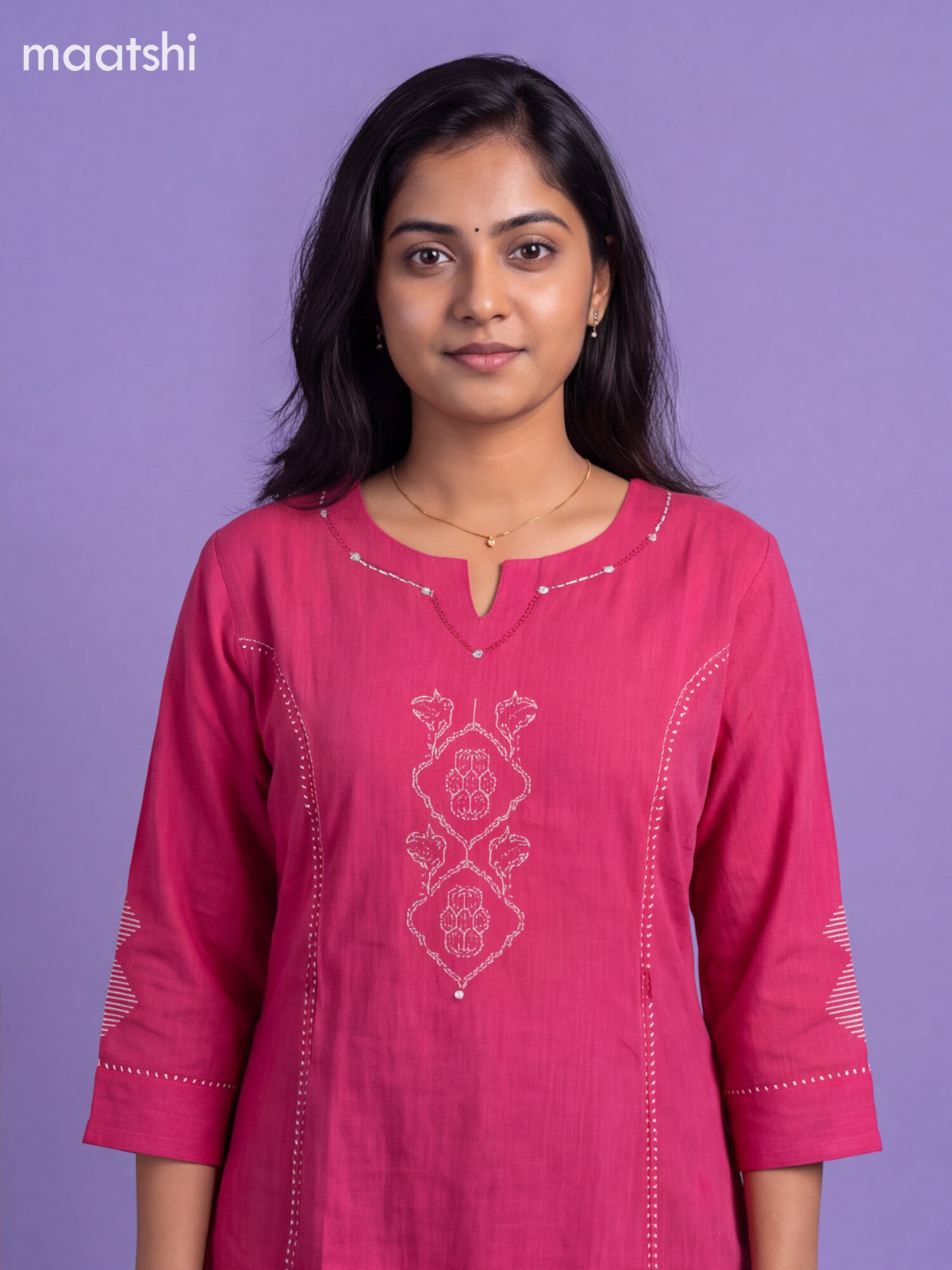 Dark Pink Cotton Embroidery Work With Printed Straight Kurti