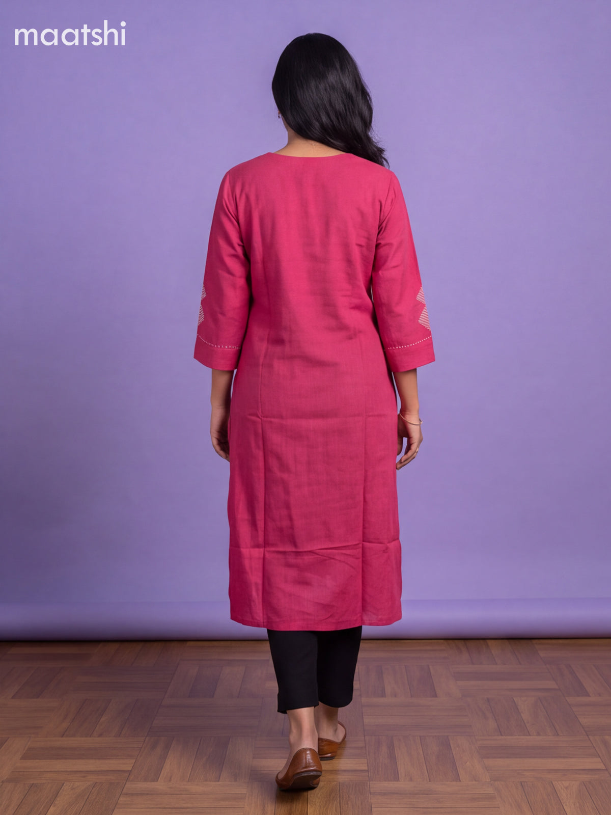 Dark Pink Cotton Embroidery Work With Printed Straight Kurti