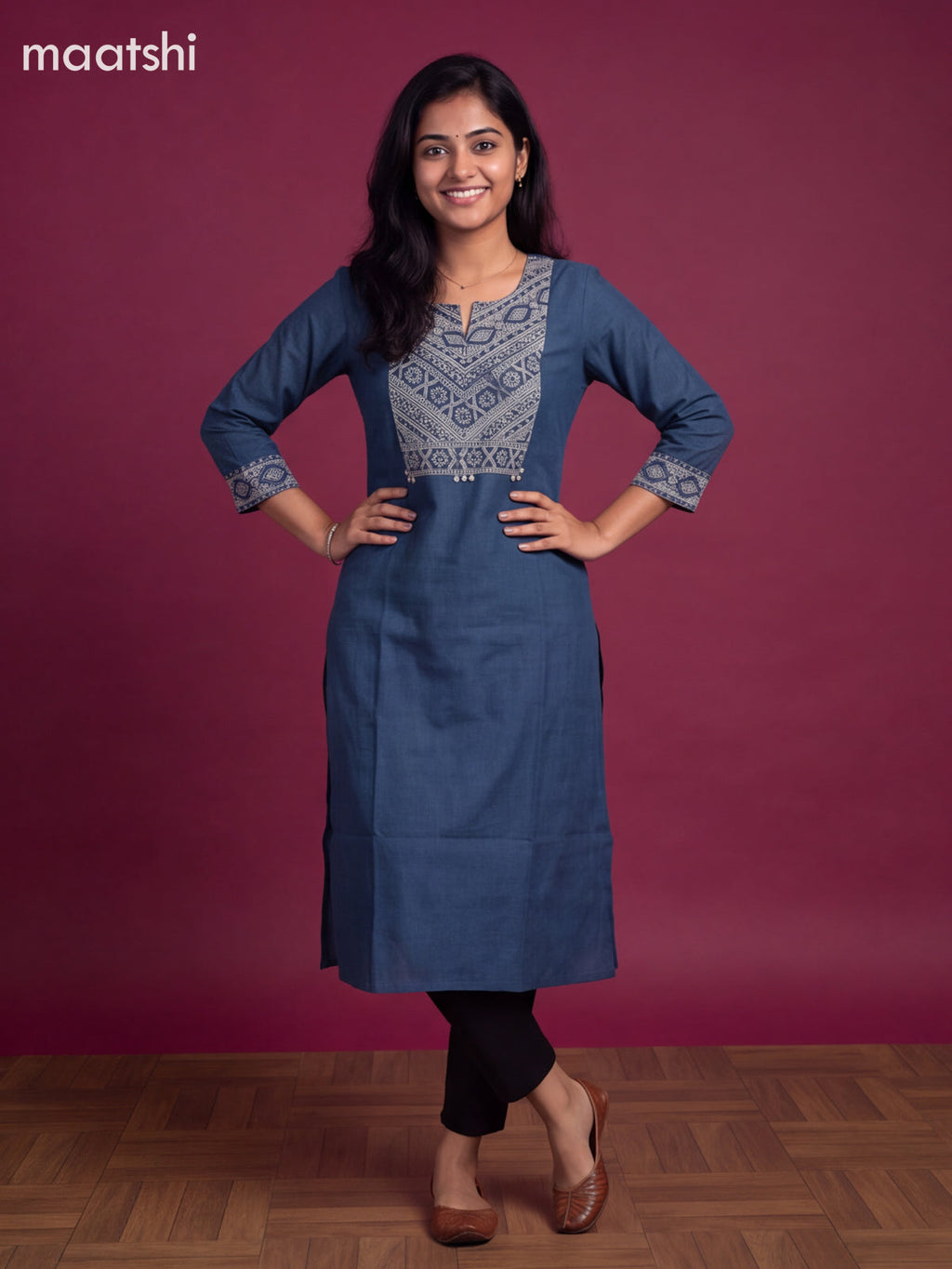 Blue and Beige Cotton Printed Work Straight Kurti