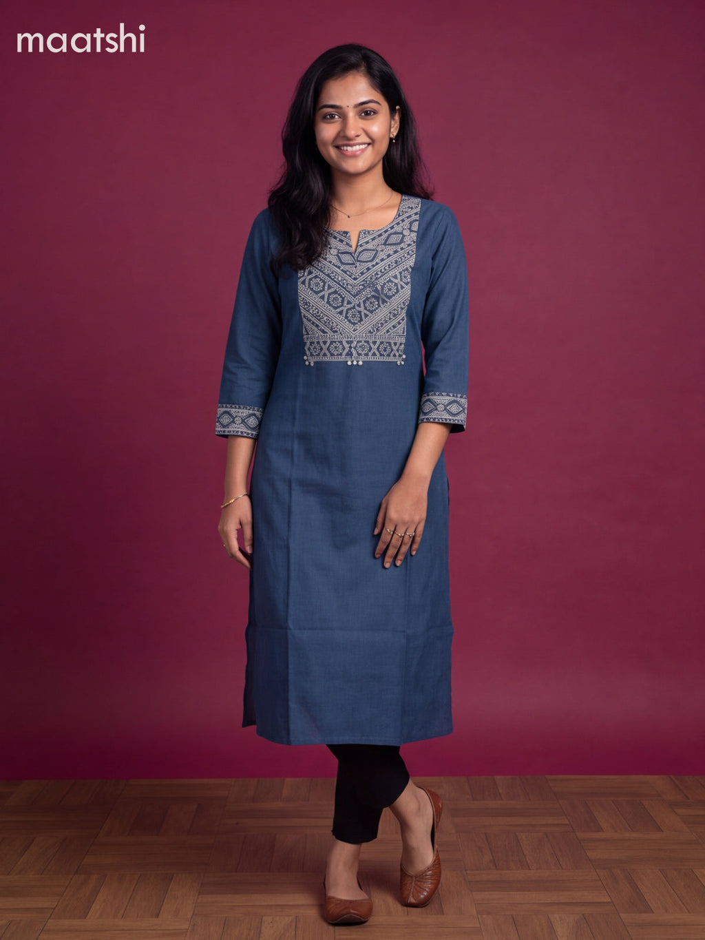 Blue and Beige Cotton Printed Work Straight Kurti