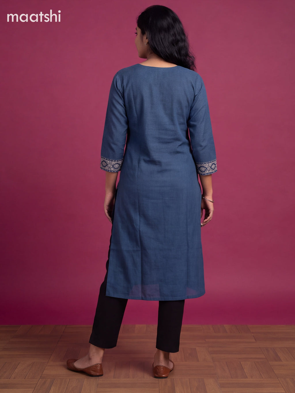 Blue and Beige Cotton Printed Work Straight Kurti