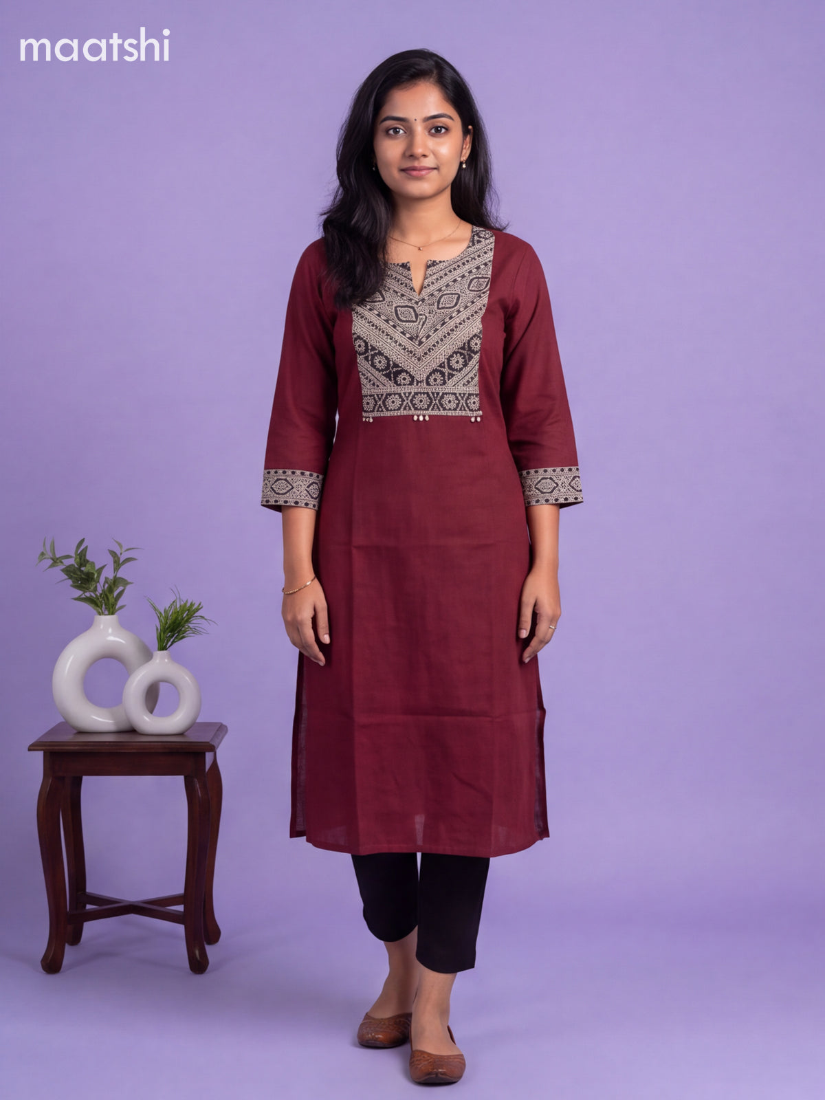 Maroon and Beige Cotton Printed Work Straight Kurti