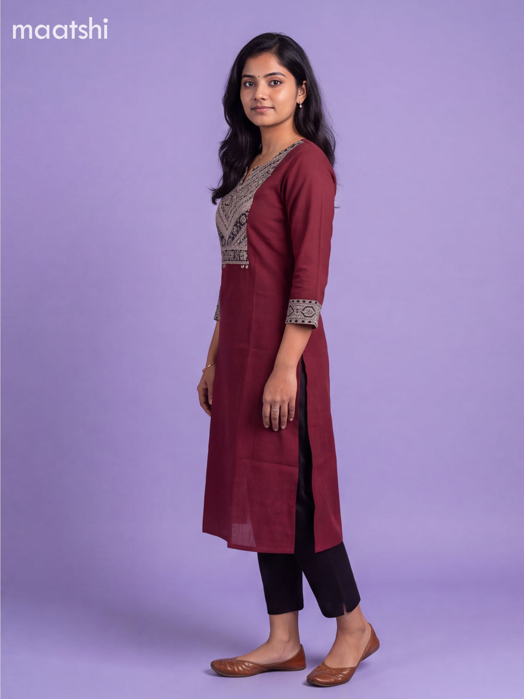 Maroon and Beige Cotton Printed Work Straight Kurti
