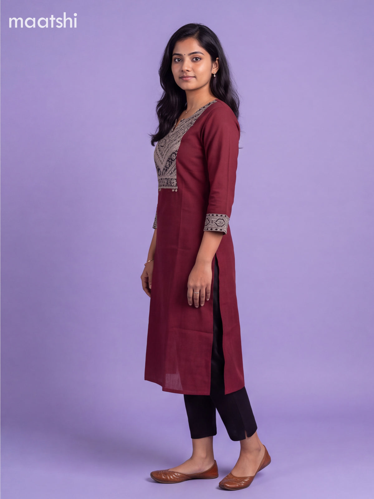Maroon and Beige Cotton Printed Work Straight Kurti