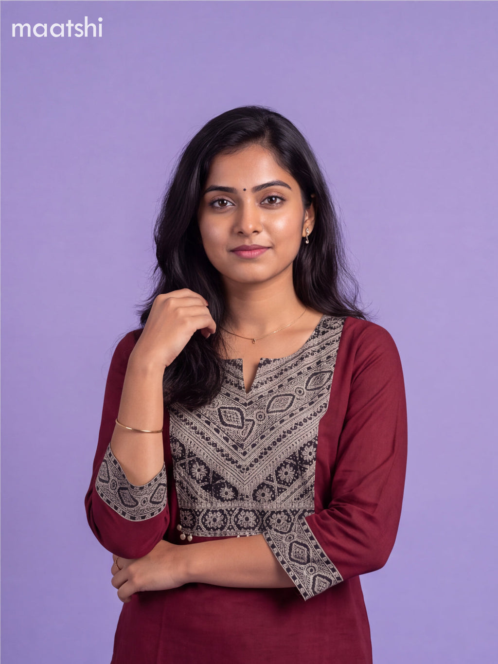 Maroon and Beige Cotton Printed Work Straight Kurti