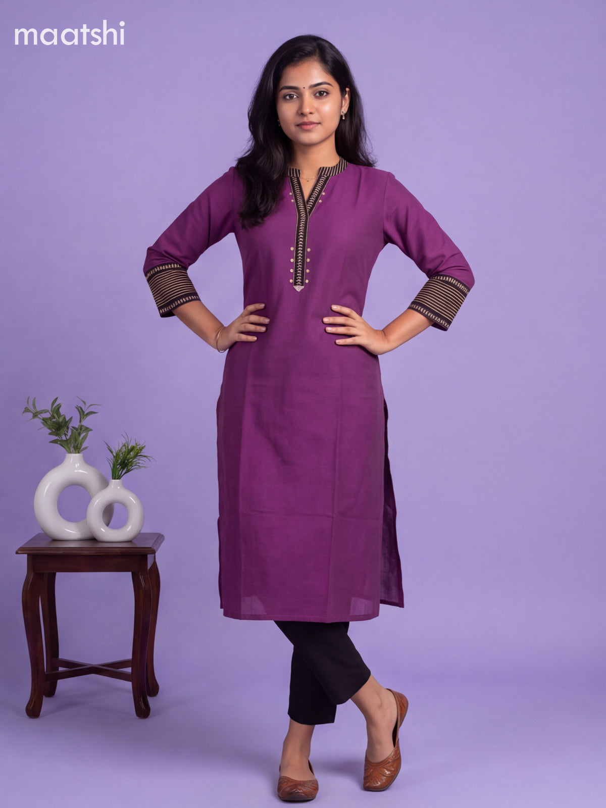 Dark Purple Cotton Printed Work Straight Kurti