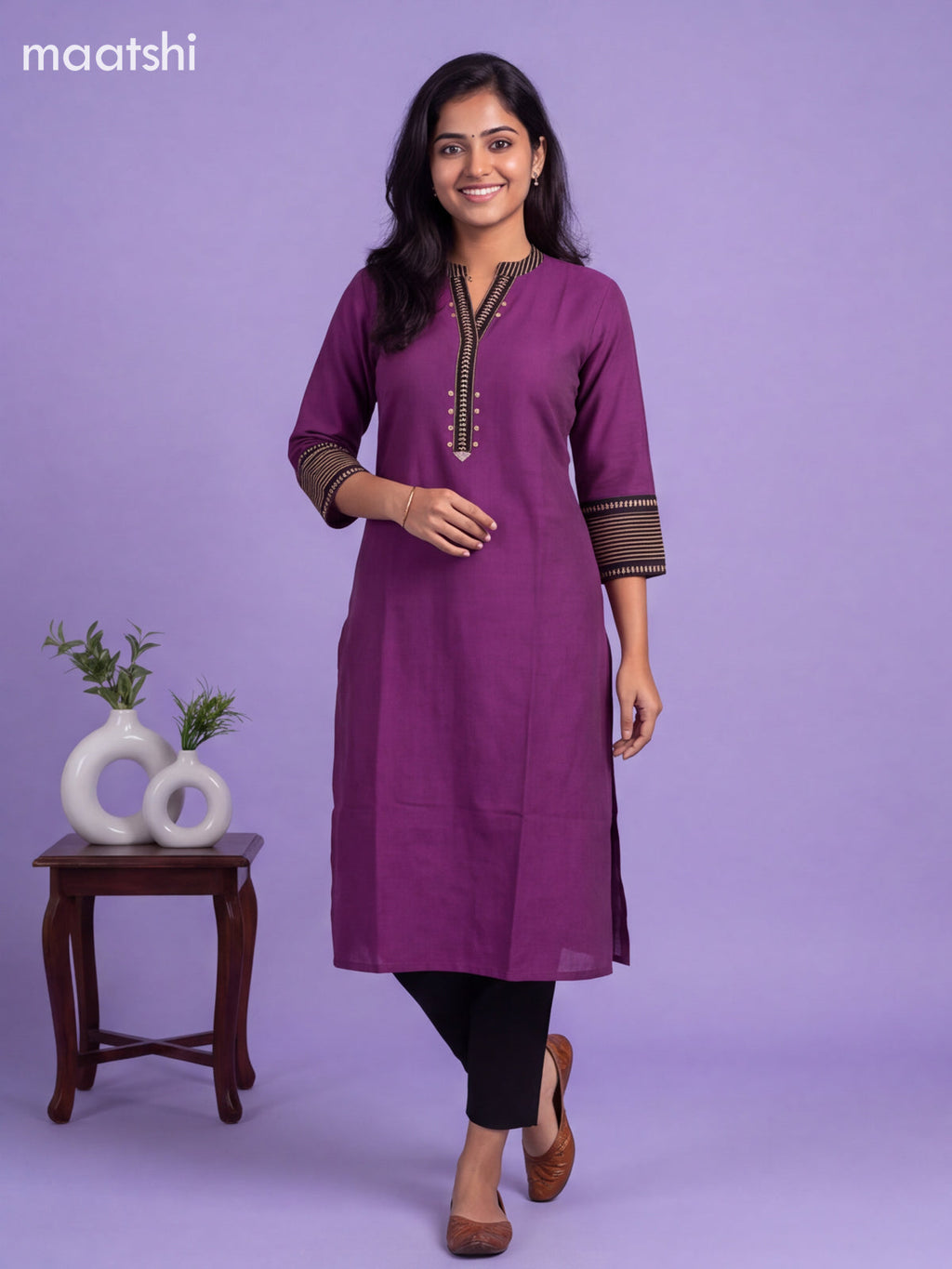 Dark Purple Cotton Printed Work Straight Kurti