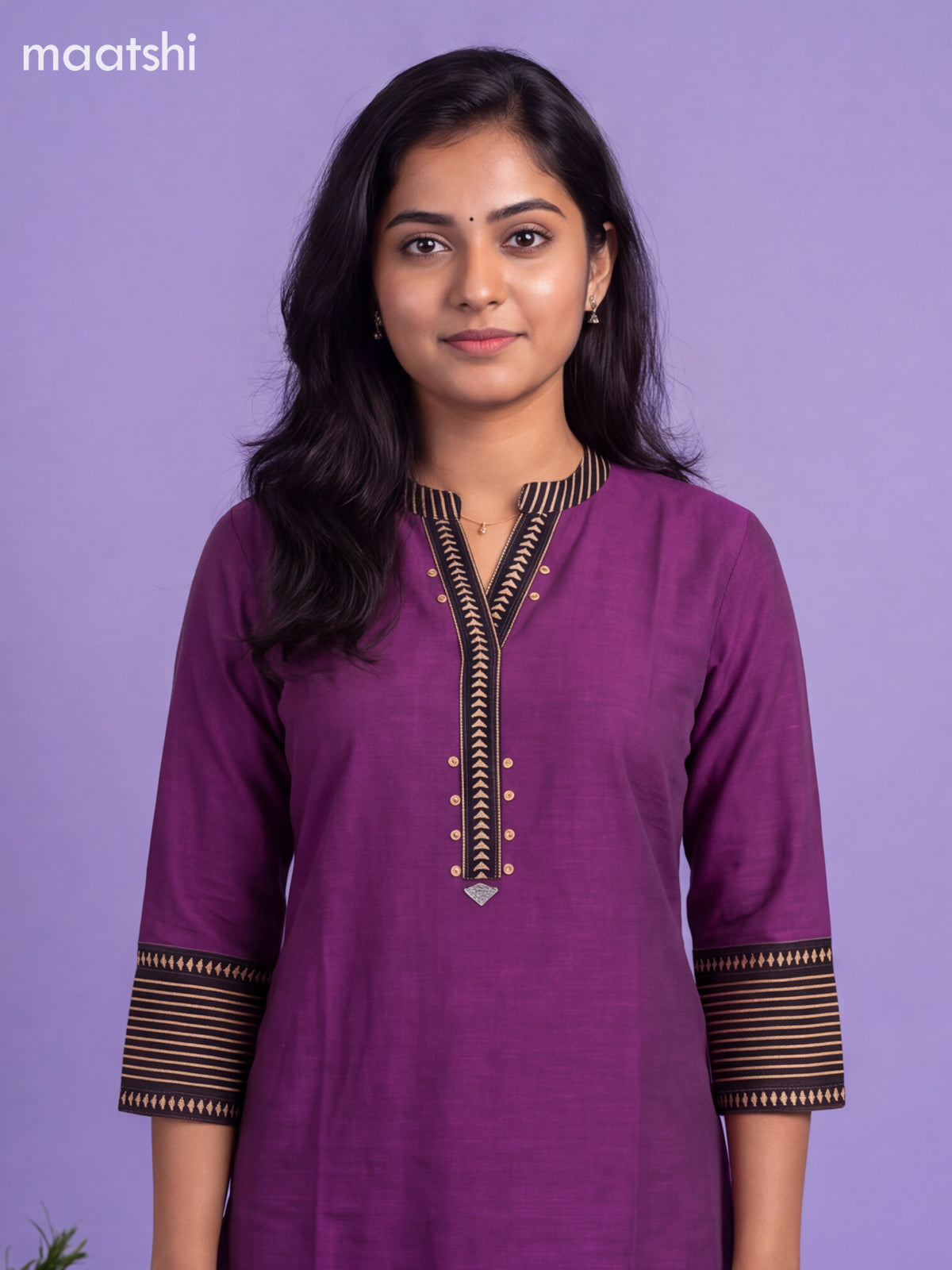 Dark Purple Cotton Printed Work Straight Kurti