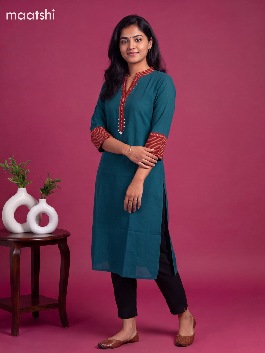 Peacock Green Cotton Printed Work Straight Kurti