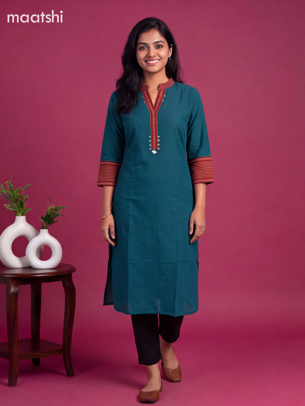 Peacock Green Cotton Printed Work Straight Kurti