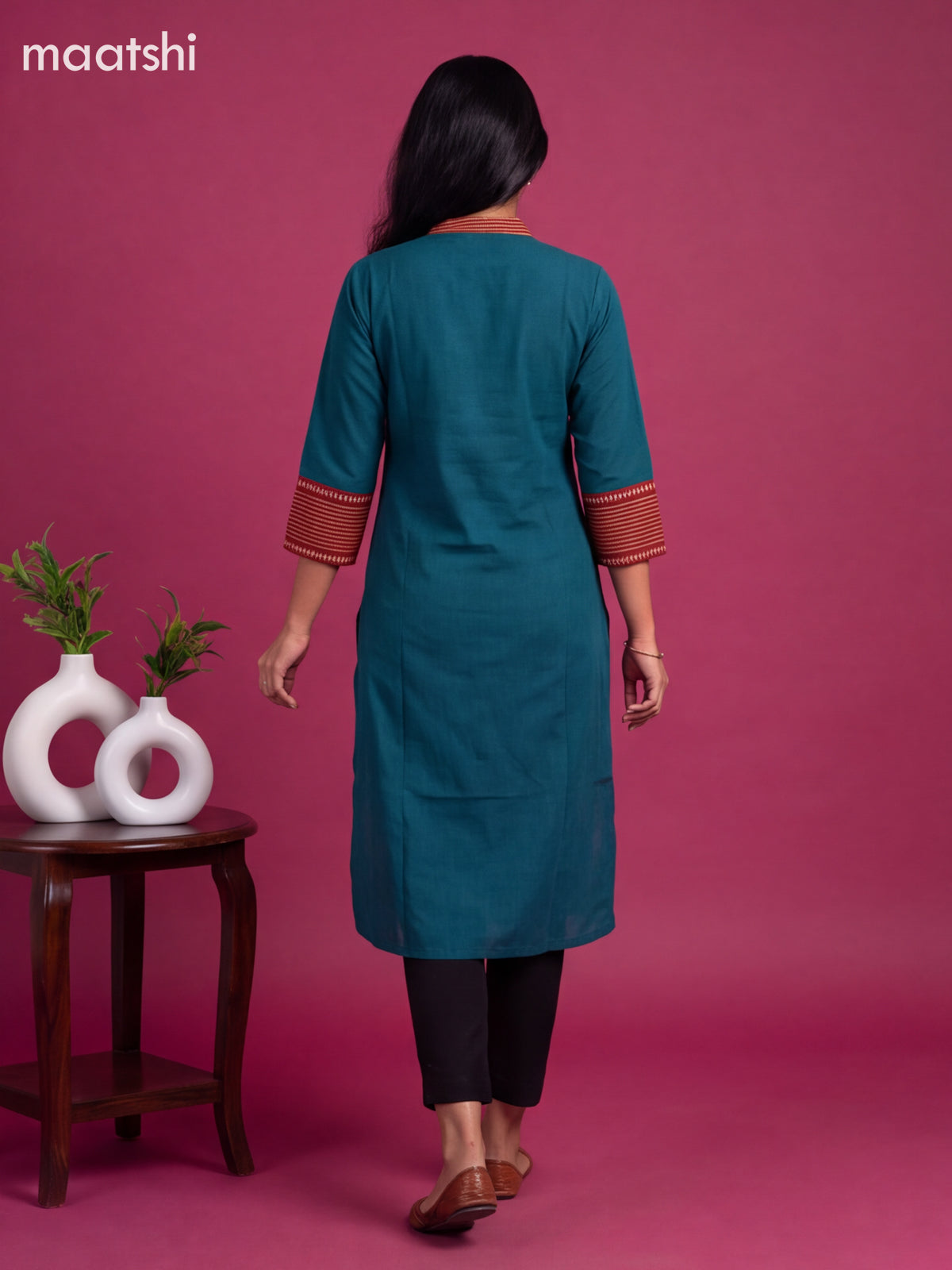 Peacock Green Cotton Printed Work Straight Kurti