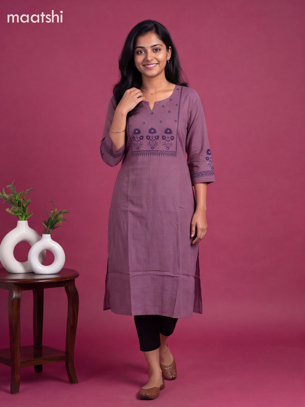 Purple Cotton Embroidery Work Straight Kurti