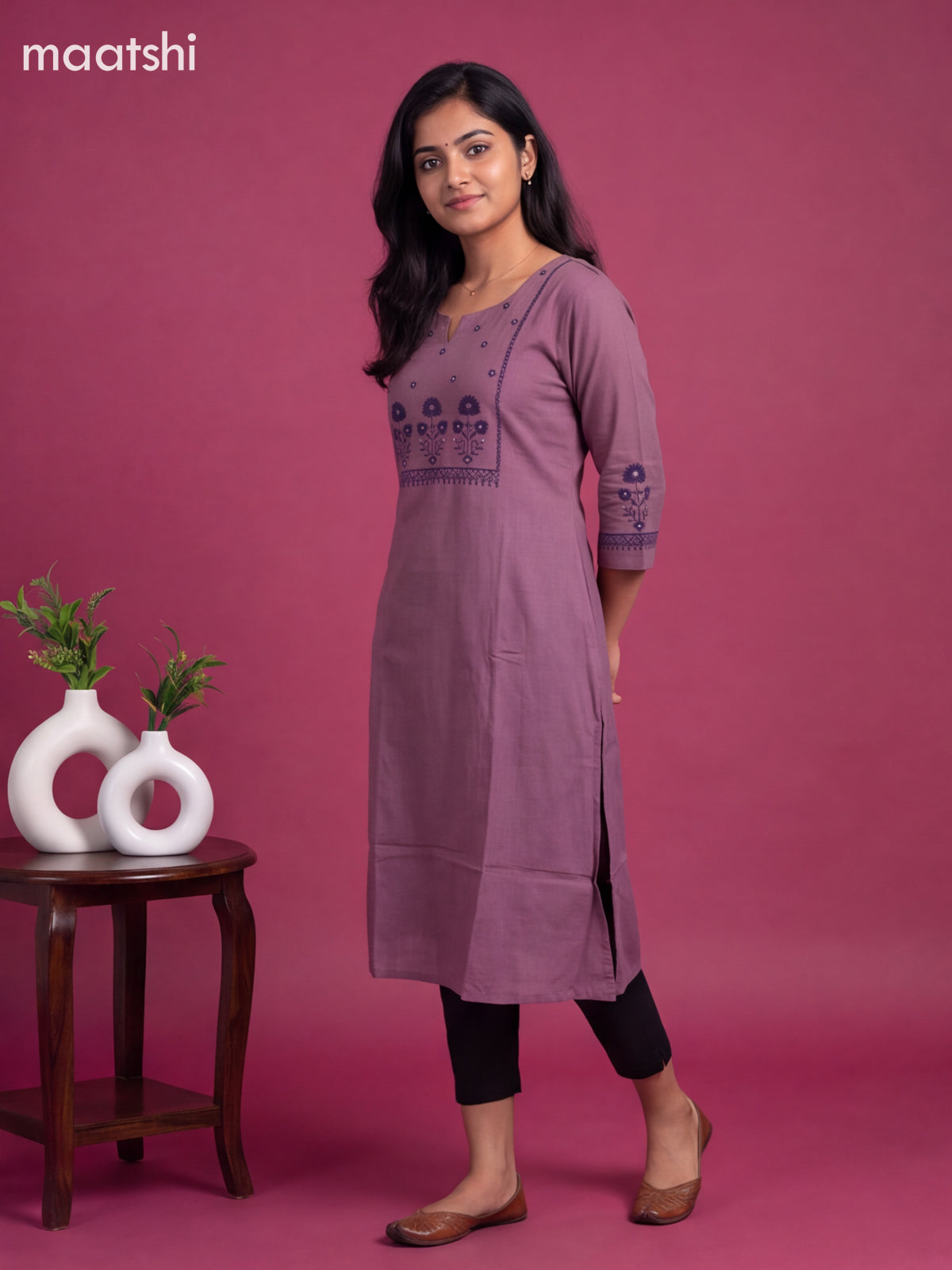 Purple Cotton Embroidery Work Straight Kurti