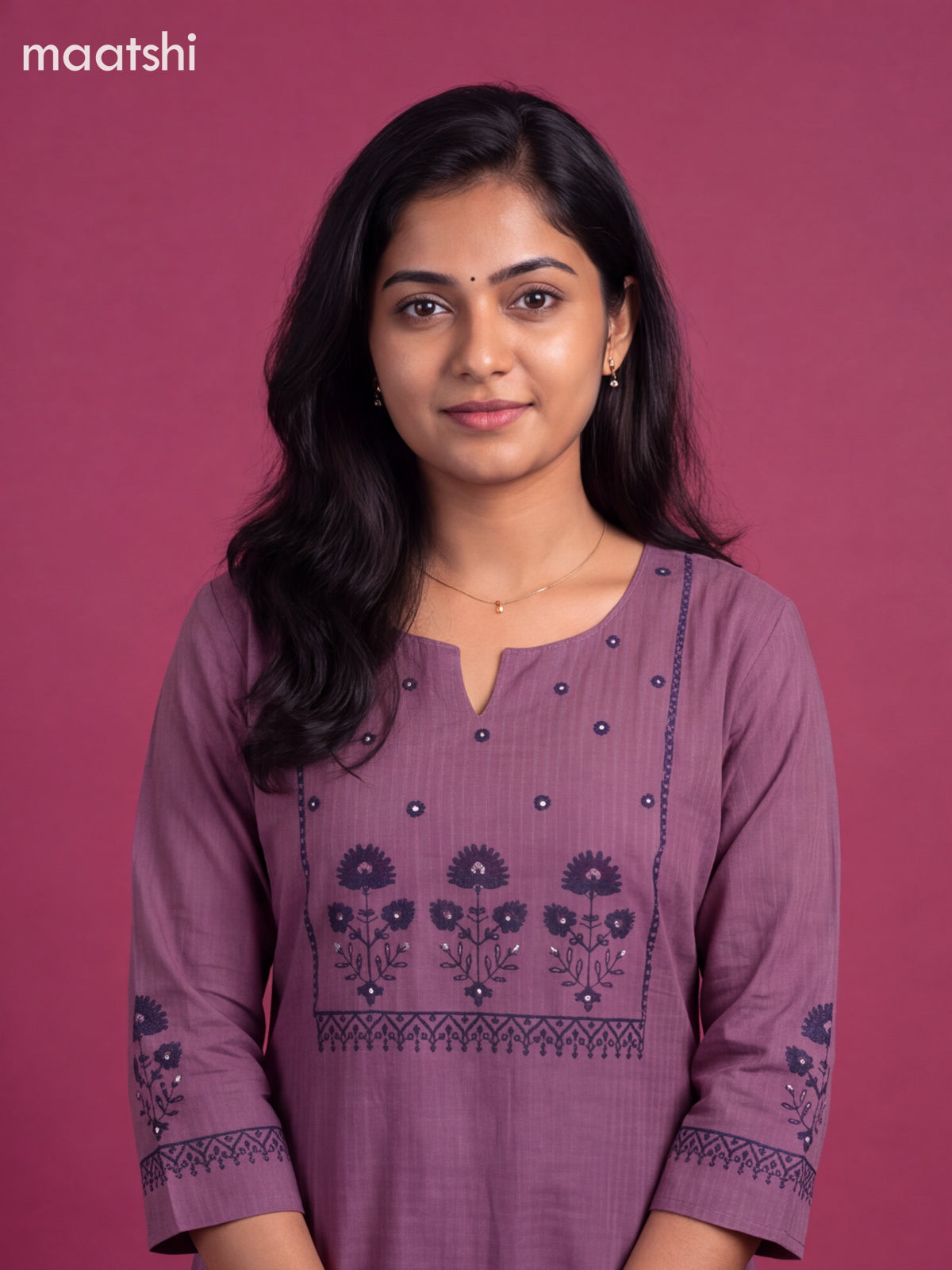 Purple Cotton Embroidery Work Straight Kurti