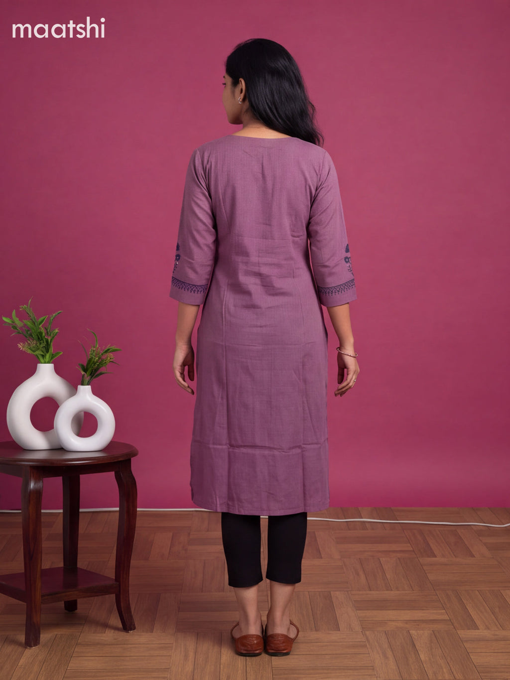 Purple Cotton Embroidery Work Straight Kurti