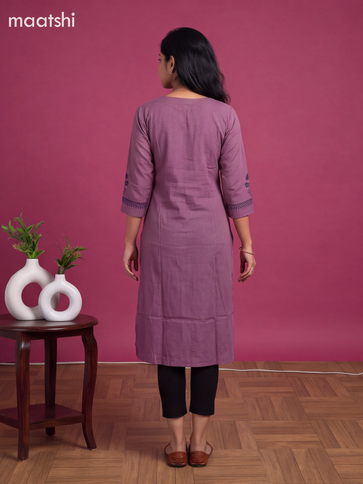 Purple Cotton Embroidery Work Straight Kurti
